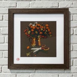 Floral Fiber Art in Brown Frame